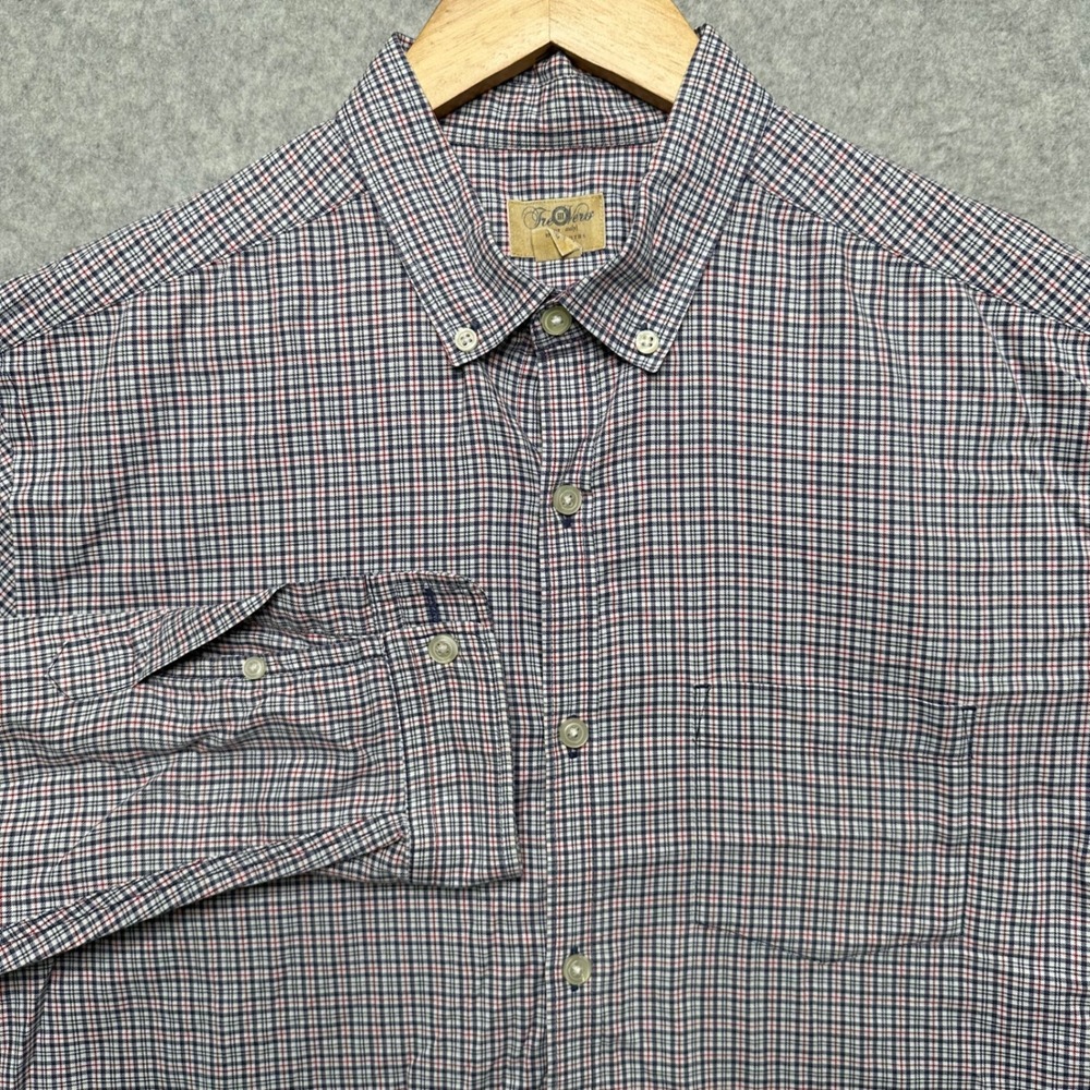 Tre Vero Mens Large Button Down Shirt Long Sleeve Cotton Plaid Navy Red White